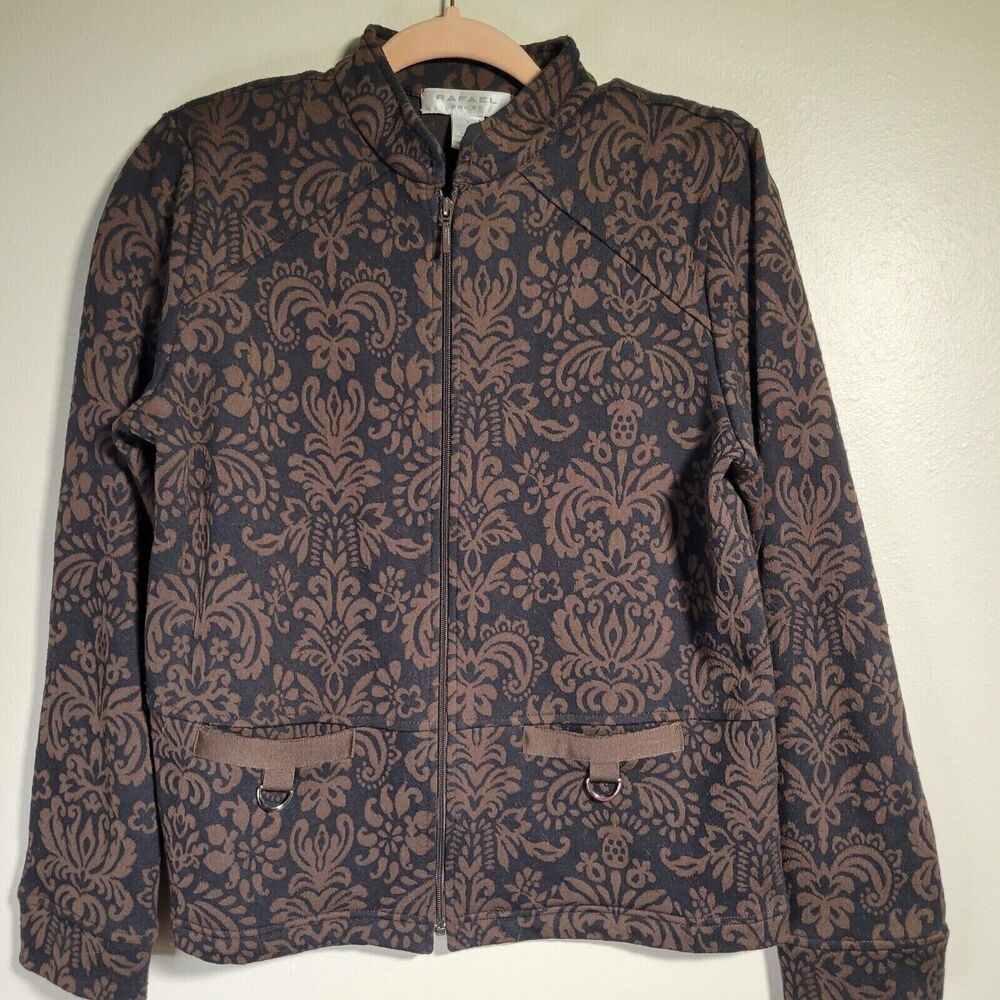 Raphael Sport Jacket Women Black w Brown Tapestry Print Front Zip EUC VTG Size S
